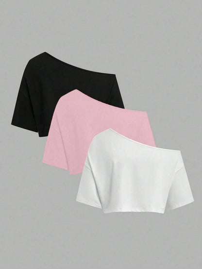 Sweetra CURVE Plus Size Summer Asymmetrical Shoulder Black White Grey 3 PiecesShort T-Shirt Set