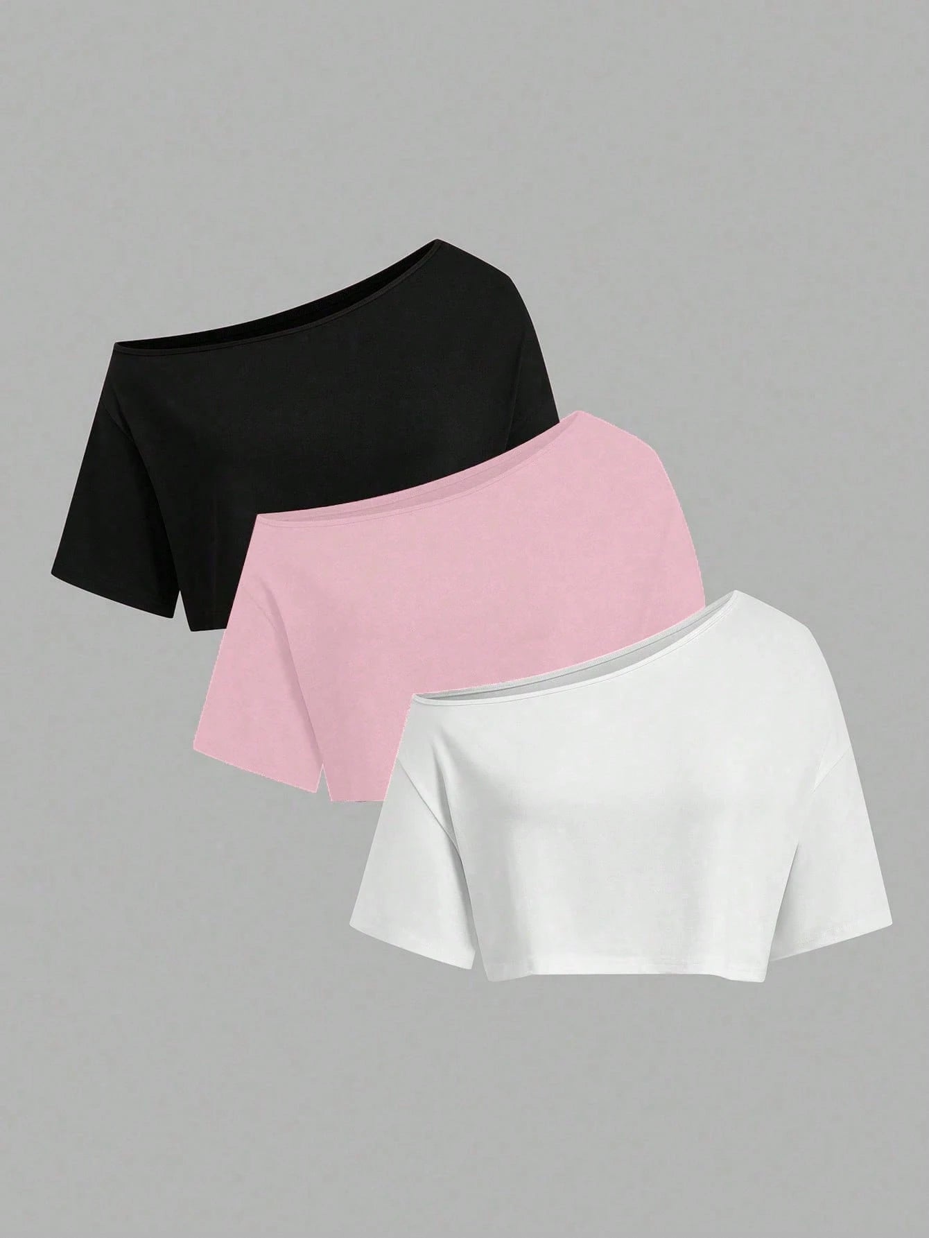 Sweetra CURVE Plus Size Summer Asymmetrical Shoulder Black White Grey 3 PiecesShort T-Shirt Set
