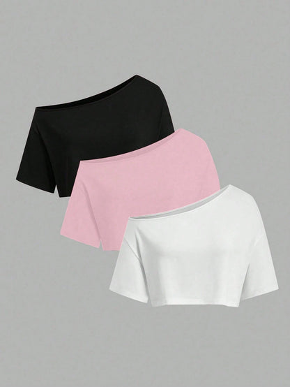 Sweetra CURVE Plus Size Summer Asymmetrical Shoulder Black White Grey 3 PiecesShort T-Shirt Set
