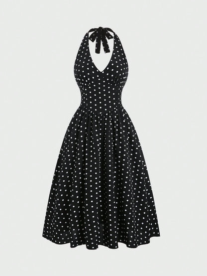 Sweetra Elegant Polka Dot Backless Halter Dress For Summer