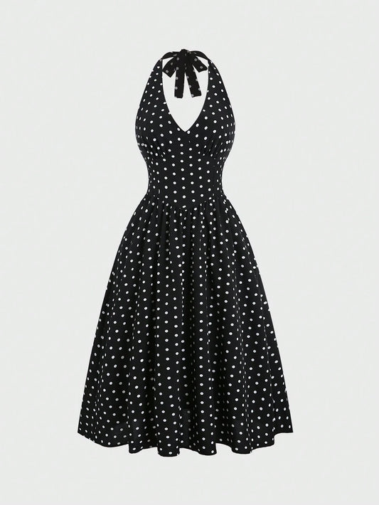 Sweetra Elegant Polka Dot Backless Halter Dress For Summer