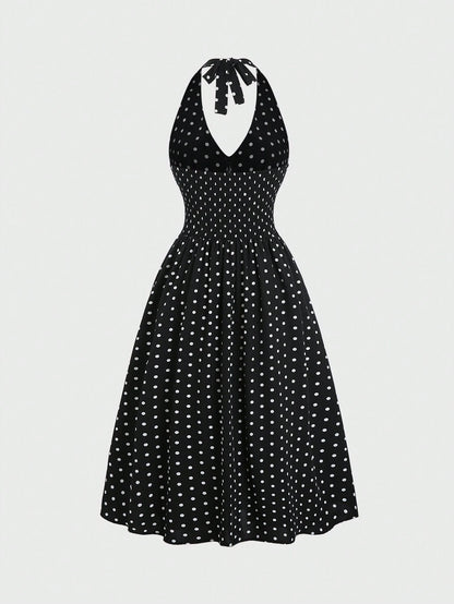 Sweetra Elegant Polka Dot Backless Halter Dress For Summer
