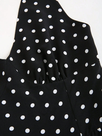 Sweetra Elegant Polka Dot Backless Halter Dress For Summer