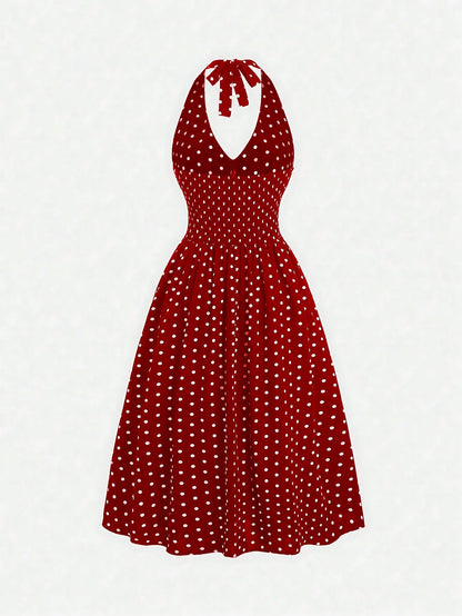 Sweetra Elegant Polka Dot Backless Halter Dress For Summer