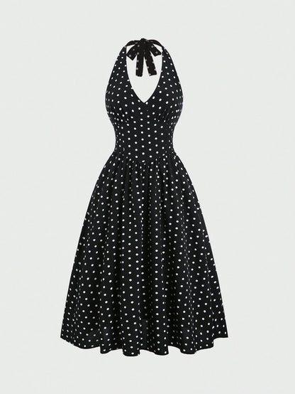 Sweetra Elegant Polka Dot Backless Halter Dress For Summer