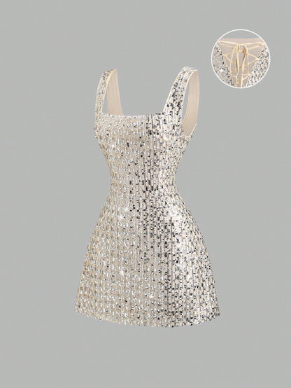 Sweetra Fashionable Sexy Backless Sequin Decor Square Neck Cinched Waist Design Summer Party Dress, Elegant French Style