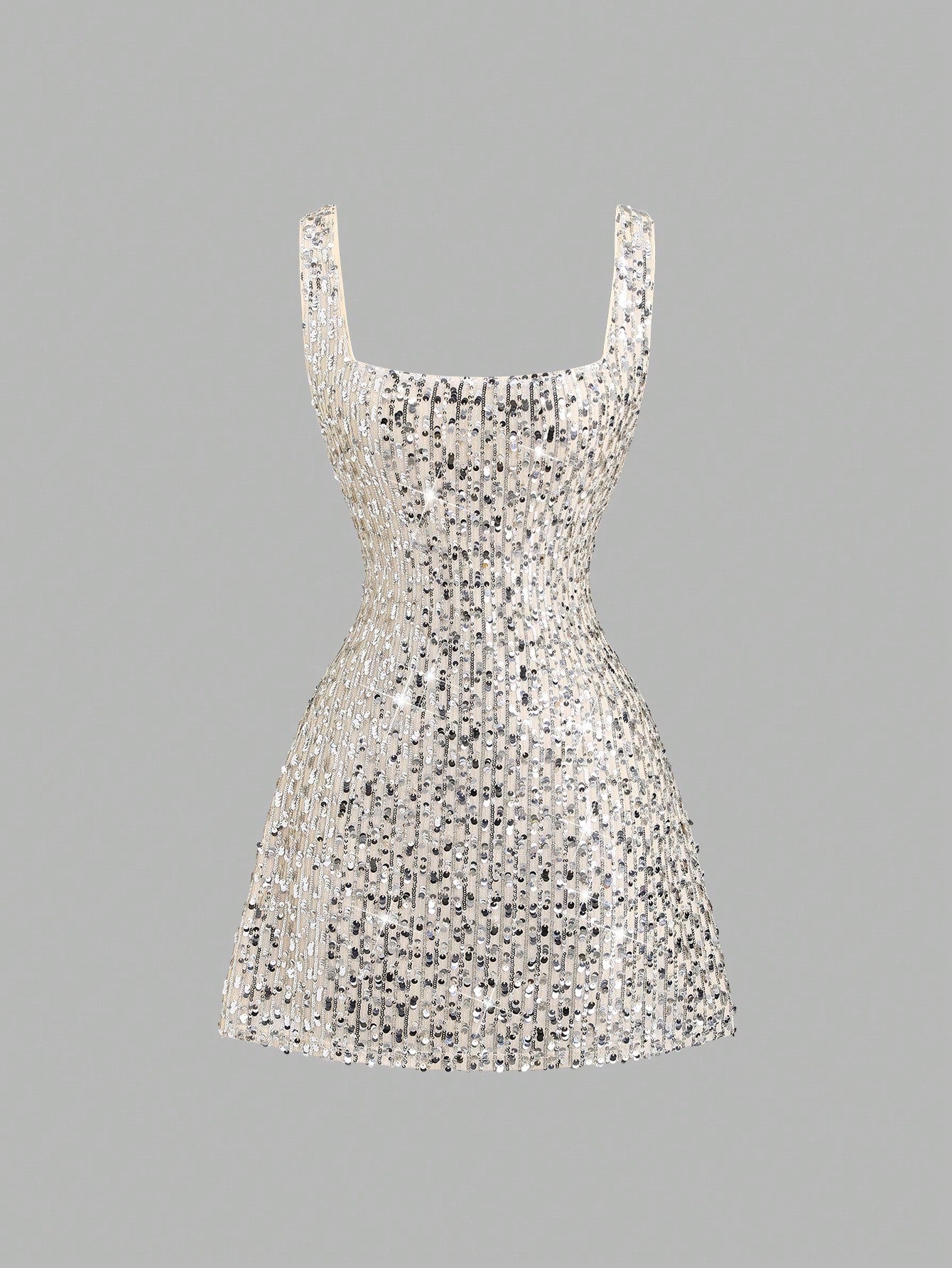 Sweetra Fashionable Sexy Backless Sequin Decor Square Neck Cinched Waist Design Summer Party Dress, Elegant French Style