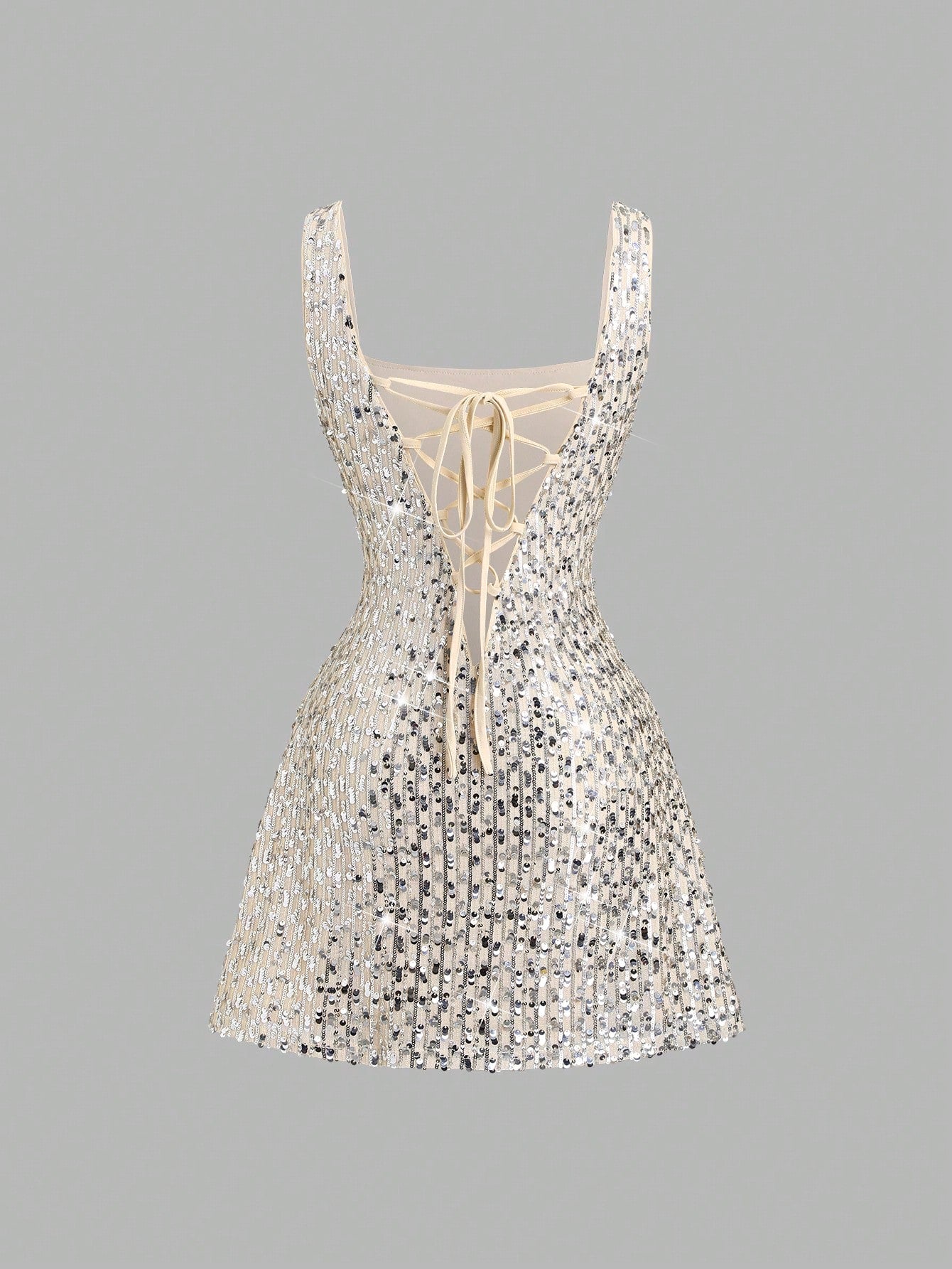 Sweetra Fashionable Sexy Backless Sequin Decor Square Neck Cinched Waist Design Summer Party Dress, Elegant French Style