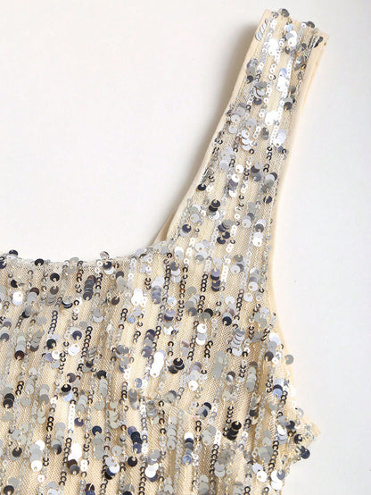 Sweetra Fashionable Sexy Backless Sequin Decor Square Neck Cinched Waist Design Summer Party Dress, Elegant French Style