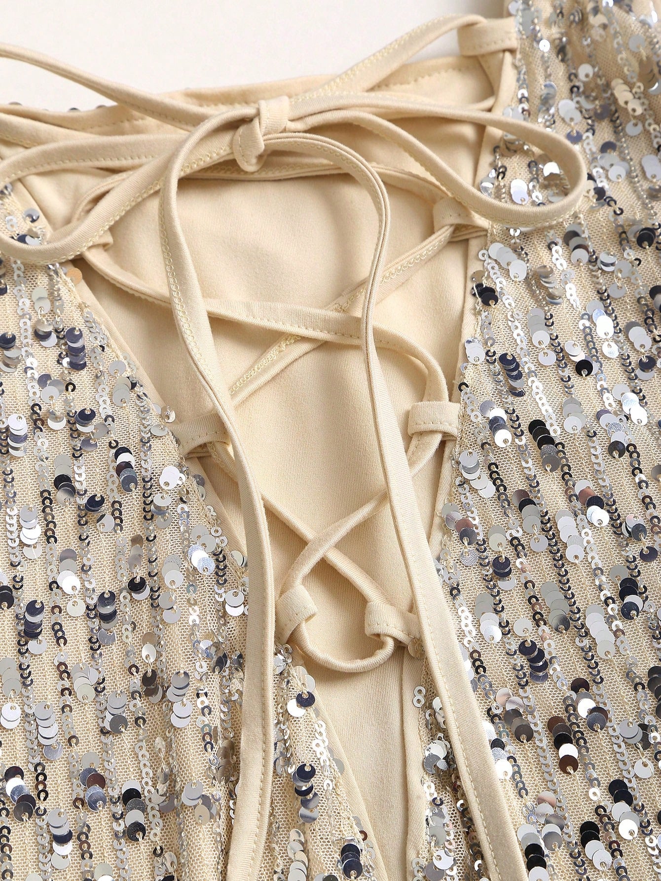 Sweetra Fashionable Sexy Backless Sequin Decor Square Neck Cinched Waist Design Summer Party Dress, Elegant French Style