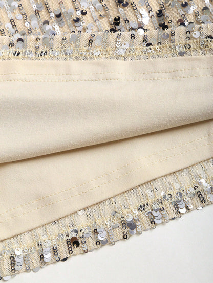Sweetra Fashionable Sexy Backless Sequin Decor Square Neck Cinched Waist Design Summer Party Dress, Elegant French Style