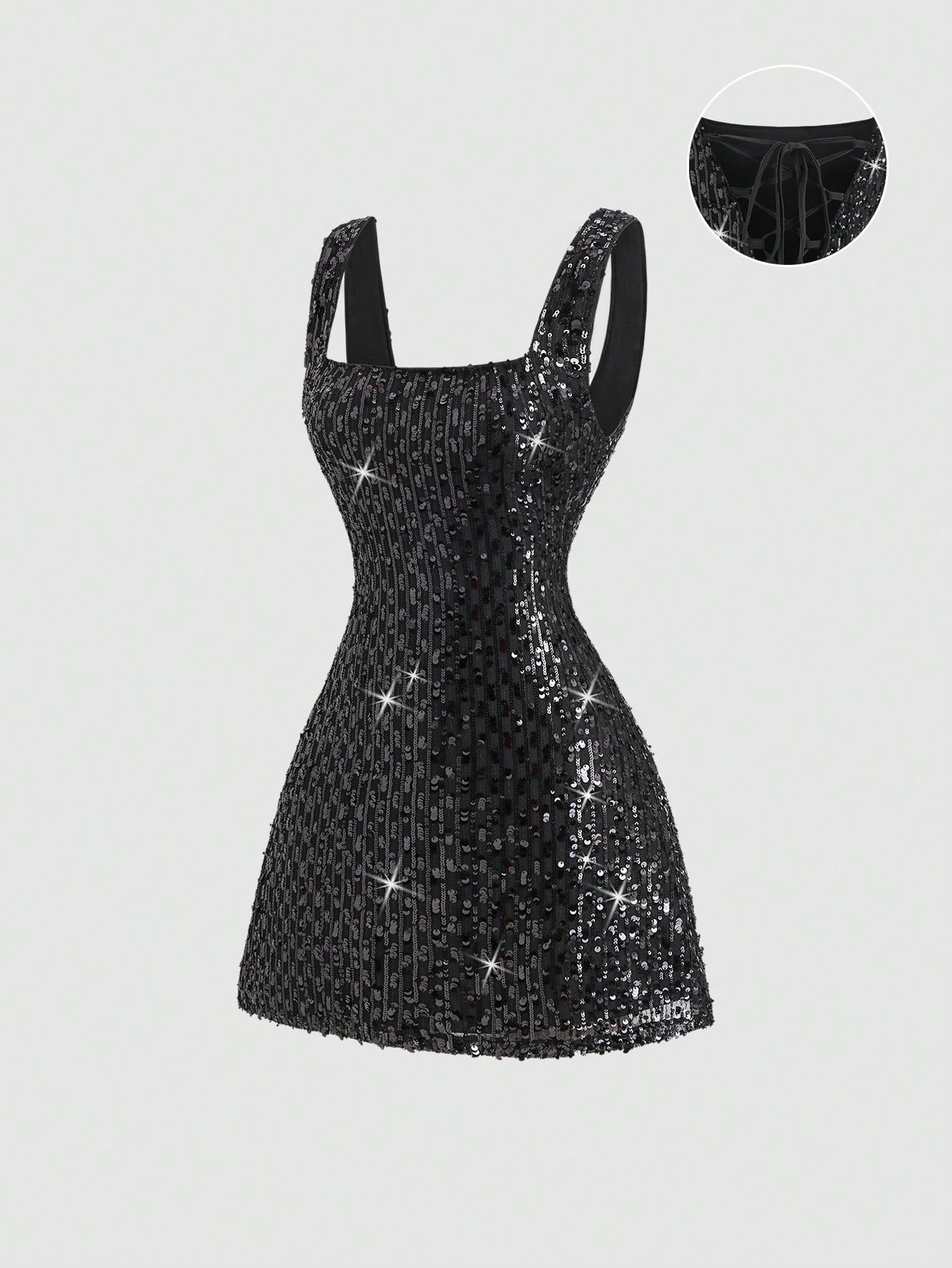 Sweetra Fashionable Sexy Backless Sequin Decor Square Neck Cinched Waist Design Summer Party Dress, Elegant French Style
