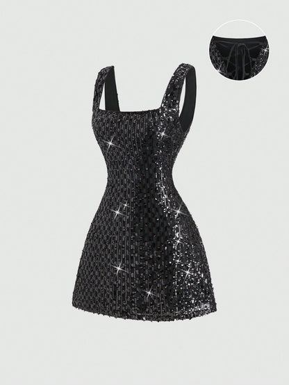 Sweetra Fashionable Sexy Backless Sequin Decor Square Neck Cinched Waist Design Summer Party Dress, Elegant French Style