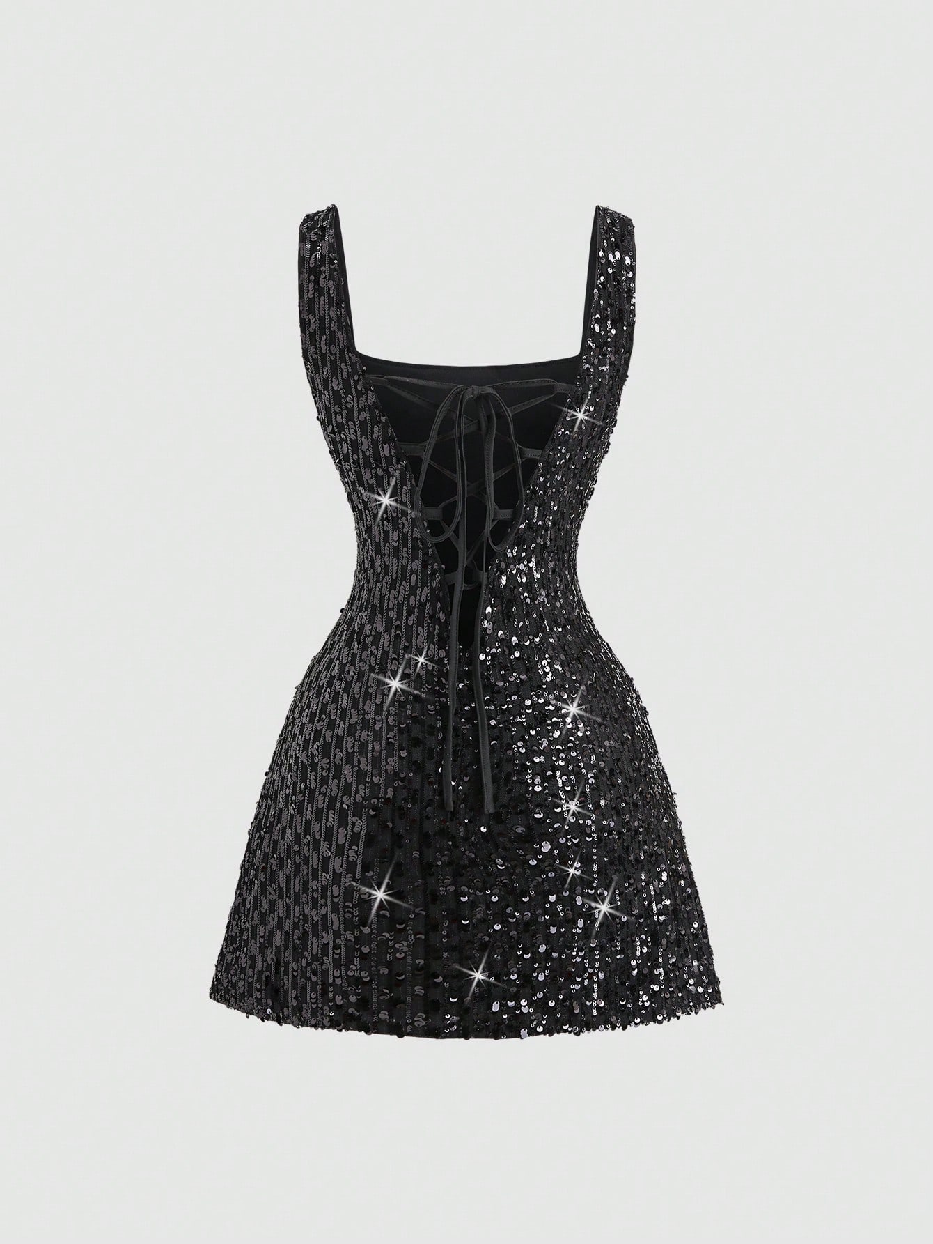 Sweetra Fashionable Sexy Backless Sequin Decor Square Neck Cinched Waist Design Summer Party Dress, Elegant French Style