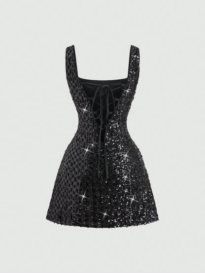 Sweetra Fashionable Sexy Backless Sequin Decor Square Neck Cinched Waist Design Summer Party Dress, Elegant French Style