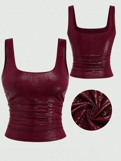 Sweetra New Fashion Wine Red Crocodile Embossed Coated Elastic Streetwear Party Clubwear Commute Daily Fitted Tank Top, Women, Spring/Summer