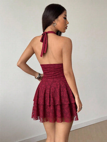 Sweetra Petite Women's Red Sleeveless V-Neck Lace Patchwork Sexy Mini Dress,Petite Women