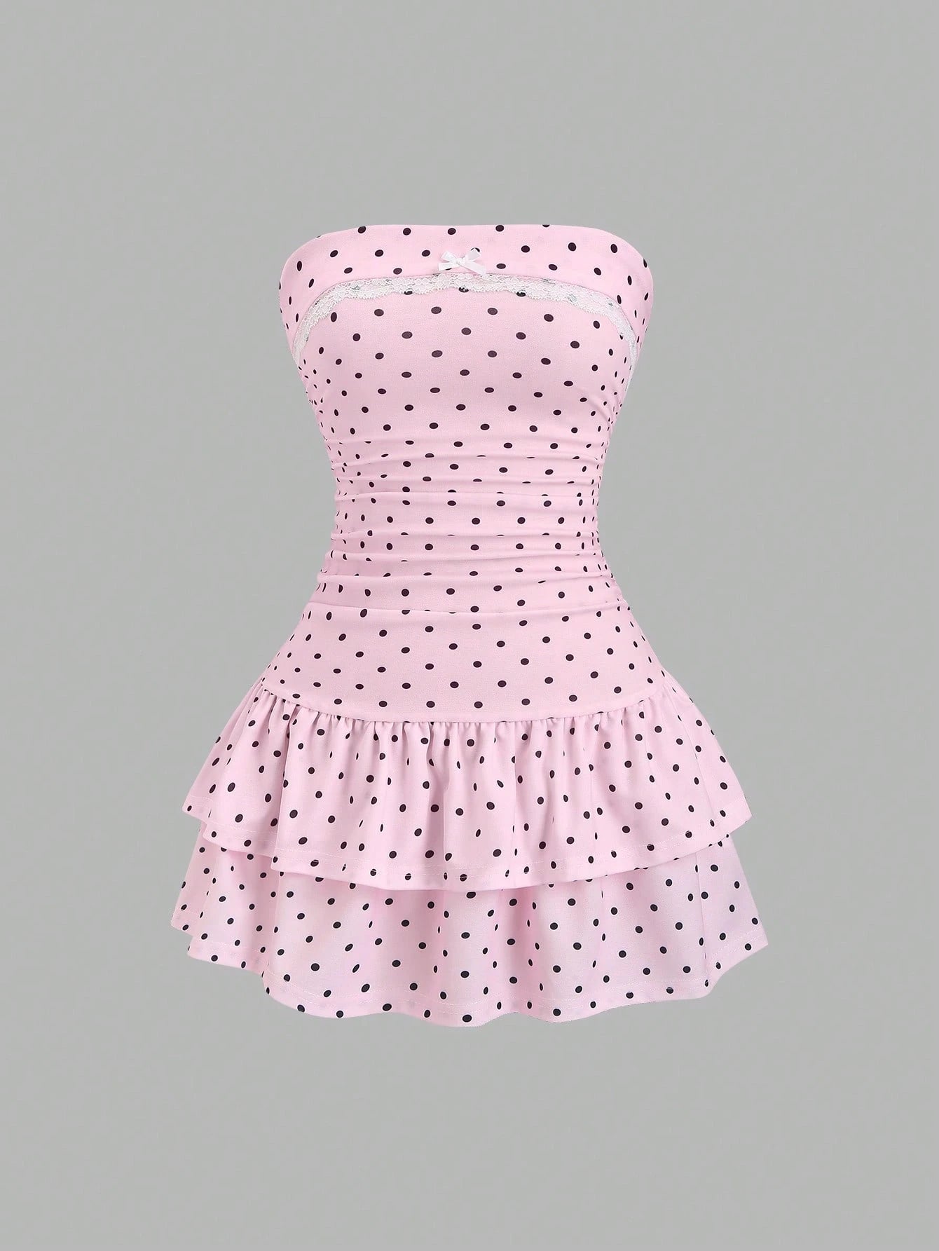 Sweetra Pink And Black Polka Dot Summer Cute Picnic Dress,French Lace Ruffle Bow Strapless Bodycon Cinched Waist Tiered Hem Elegant Ladies Sweet Style Dress