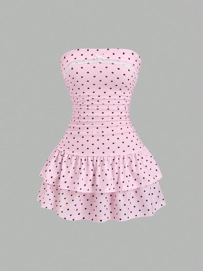 Sweetra Pink And Black Polka Dot Summer Cute Picnic Dress,French Lace Ruffle Bow Strapless Bodycon Cinched Waist Tiered Hem Elegant Ladies Sweet Style Dress