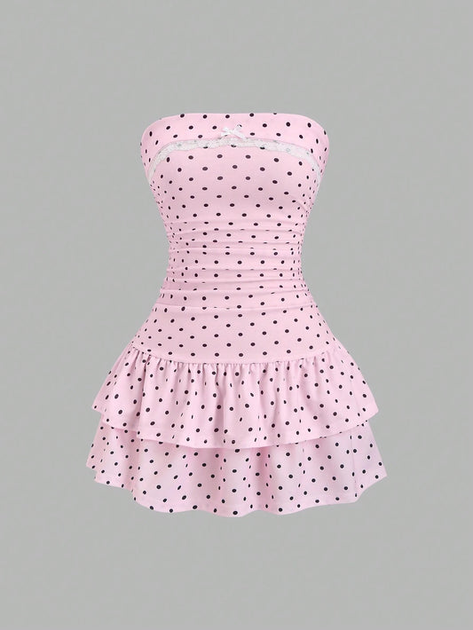 Sweetra Pink And Black Polka Dot Summer Cute Picnic Dress,French Lace Ruffle Bow Strapless Bodycon Cinched Waist Tiered Hem Elegant Ladies Sweet Style Dress