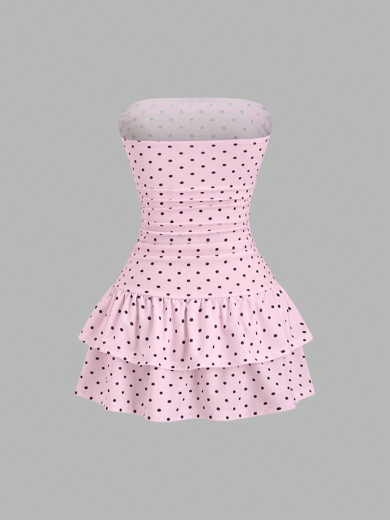 Sweetra Pink And Black Polka Dot Summer Cute Picnic Dress,French Lace Ruffle Bow Strapless Bodycon Cinched Waist Tiered Hem Elegant Ladies Sweet Style Dress