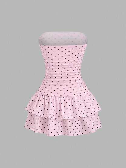 Sweetra Pink And Black Polka Dot Summer Cute Picnic Dress,French Lace Ruffle Bow Strapless Bodycon Cinched Waist Tiered Hem Elegant Ladies Sweet Style Dress