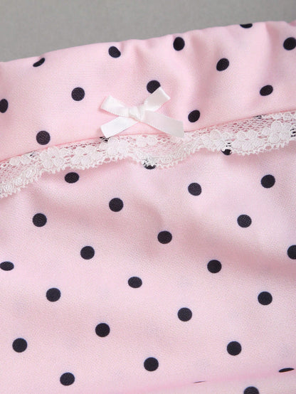 Sweetra Pink And Black Polka Dot Summer Cute Picnic Dress,French Lace Ruffle Bow Strapless Bodycon Cinched Waist Tiered Hem Elegant Ladies Sweet Style Dress