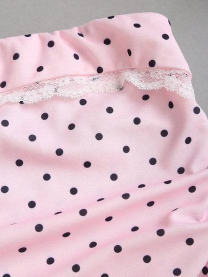 Sweetra Pink And Black Polka Dot Summer Cute Picnic Dress,French Lace Ruffle Bow Strapless Bodycon Cinched Waist Tiered Hem Elegant Ladies Sweet Style Dress
