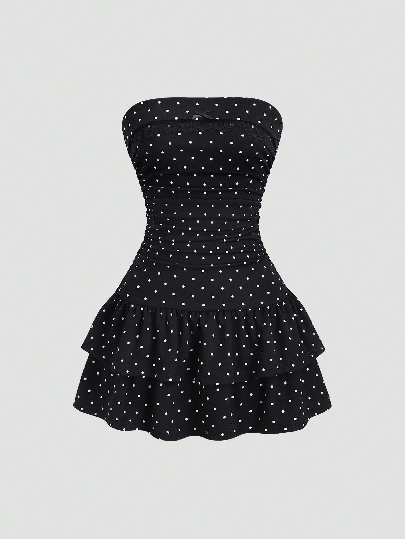 Sweetra Pink And Black Polka Dot Summer Cute Picnic Dress,French Lace Ruffle Bow Strapless Bodycon Cinched Waist Tiered Hem Elegant Ladies Sweet Style Dress