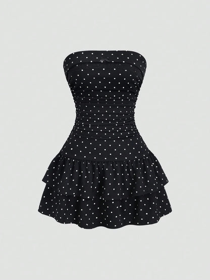 Sweetra Pink And Black Polka Dot Summer Cute Picnic Dress,French Lace Ruffle Bow Strapless Bodycon Cinched Waist Tiered Hem Elegant Ladies Sweet Style Dress