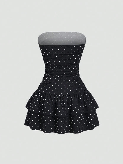 Sweetra Pink And Black Polka Dot Summer Cute Picnic Dress,French Lace Ruffle Bow Strapless Bodycon Cinched Waist Tiered Hem Elegant Ladies Sweet Style Dress