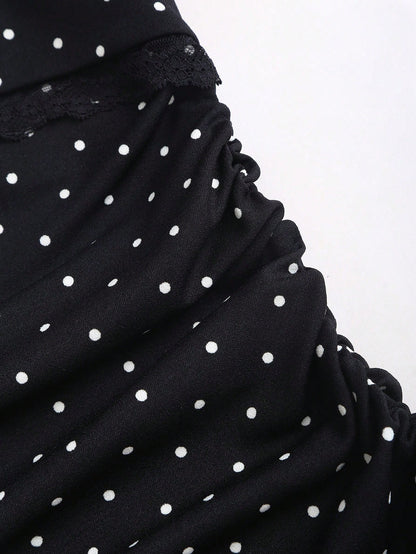 Sweetra Pink And Black Polka Dot Summer Cute Picnic Dress,French Lace Ruffle Bow Strapless Bodycon Cinched Waist Tiered Hem Elegant Ladies Sweet Style Dress