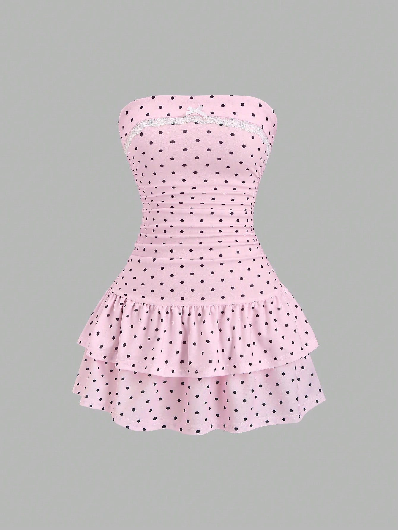 Sweetra Pink And Black Polka Dot Summer Cute Picnic Dress,French Lace Ruffle Bow Strapless Bodycon Cinched Waist Tiered Hem Elegant Ladies Sweet Style Dress