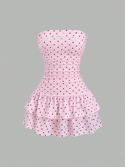 Sweetra Pink And Black Polka Dot Summer Cute Picnic Dress,French Lace Ruffle Bow Strapless Bodycon Cinched Waist Tiered Hem Elegant Ladies Sweet Style Dress