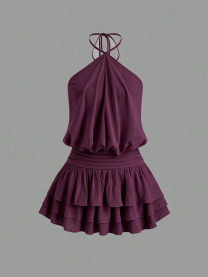 Sweetra Pink Spicy Sexy Street Style Backless Mini Dress, Halter Neck, Suitable For Dates, Vacation, Summer