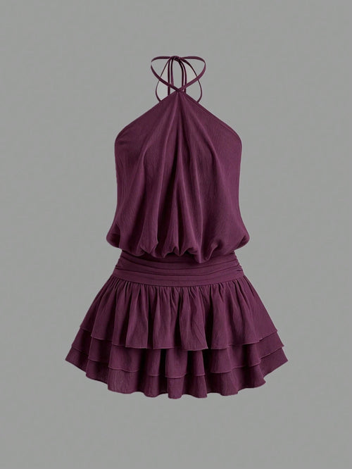 Sweetra Pink Spicy Sexy Street Style Backless Mini Dress, Halter Neck, Suitable For Dates, Vacation, Summer