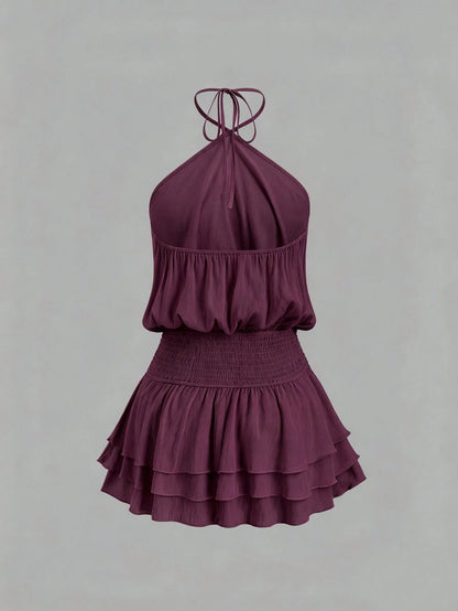 Sweetra Pink Spicy Sexy Street Style Backless Mini Dress, Halter Neck, Suitable For Dates, Vacation, Summer