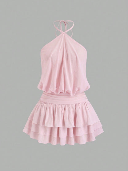 Sweetra Pink Spicy Sexy Street Style Backless Mini Dress, Halter Neck, Suitable For Dates, Vacation, Summer