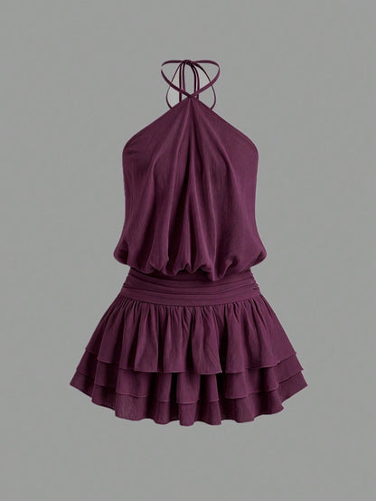 Sweetra Pink Spicy Sexy Street Style Backless Mini Dress, Halter Neck, Suitable For Dates, Vacation, Summer