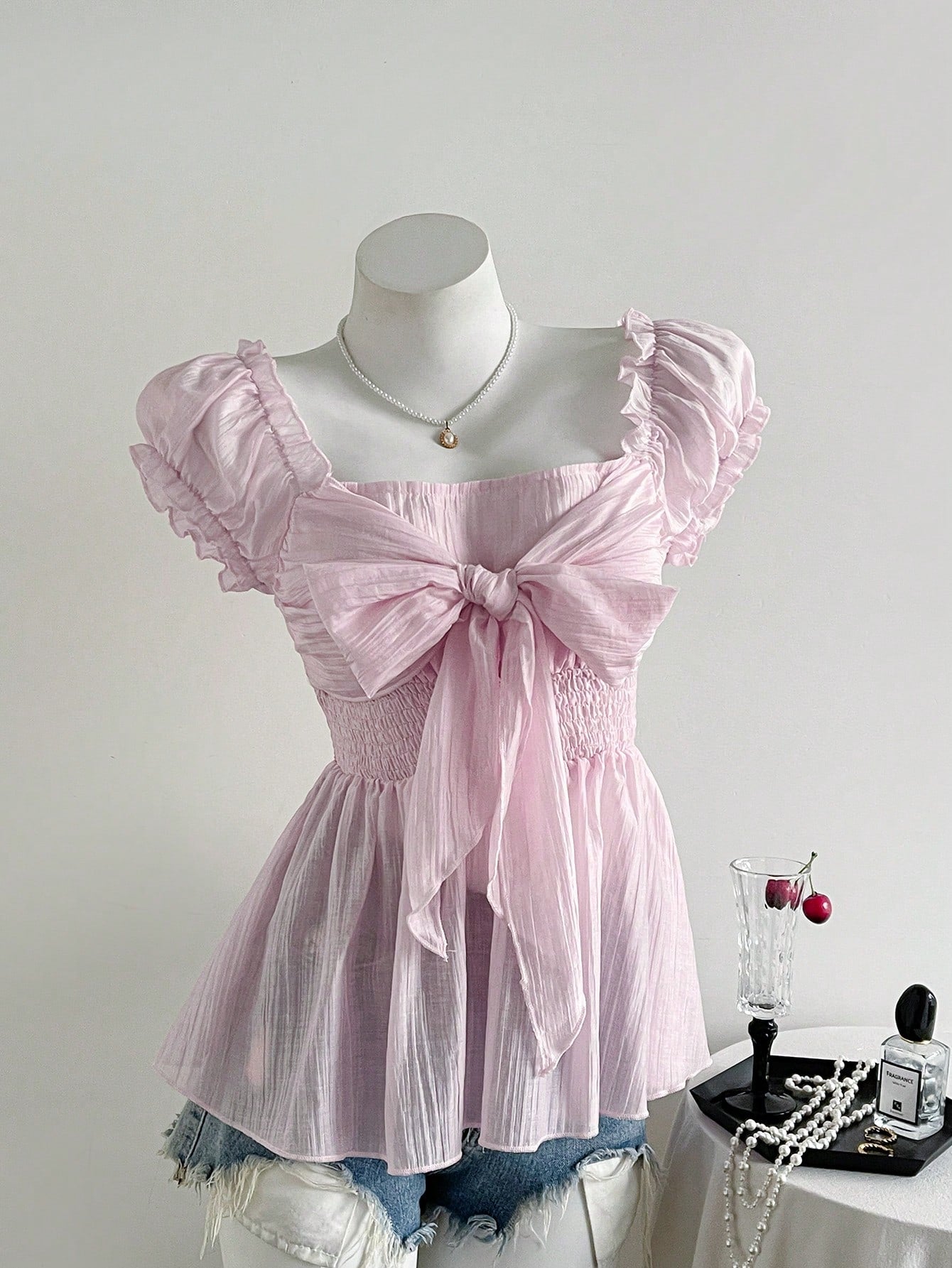Sweetra Plus Size Women's Cute Blush Pink Summer Bow Knot Mesh Chiffon Short Sleeve Blouse,Formal Tea Party Birthday Shirts Clothing
