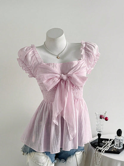 Sweetra Plus Size Women's Cute Blush Pink Summer Bow Knot Mesh Chiffon Short Sleeve Blouse,Formal Tea Party Birthday Shirts Clothing