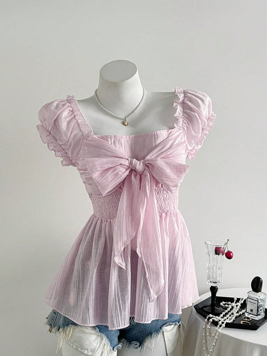 Sweetra Plus Size Women's Cute Blush Pink Summer Bow Knot Mesh Chiffon Short Sleeve Blouse,Formal Tea Party Birthday Shirts Clothing