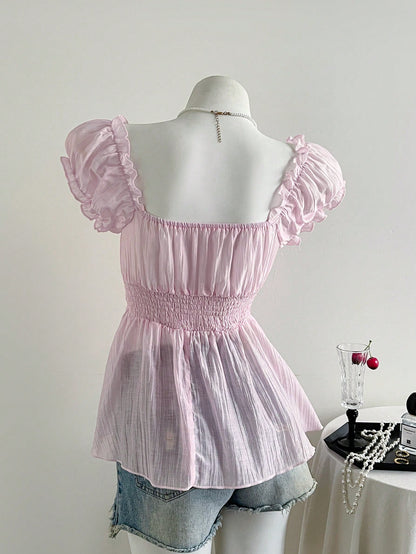 Sweetra Plus Size Women's Cute Blush Pink Summer Bow Knot Mesh Chiffon Short Sleeve Blouse,Formal Tea Party Birthday Shirts Clothing