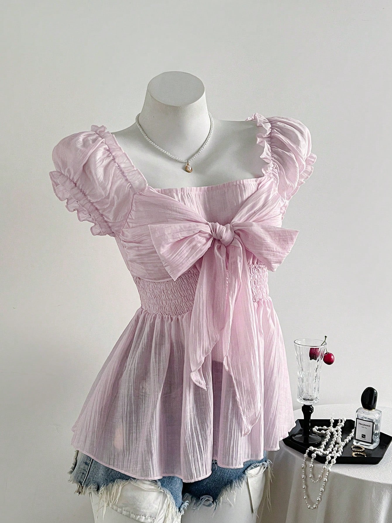 Sweetra Plus Size Women's Cute Blush Pink Summer Bow Knot Mesh Chiffon Short Sleeve Blouse,Formal Tea Party Birthday Shirts Clothing