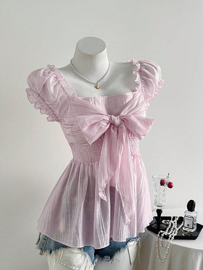 Sweetra Plus Size Women's Cute Blush Pink Summer Bow Knot Mesh Chiffon Short Sleeve Blouse,Formal Tea Party Birthday Shirts Clothing
