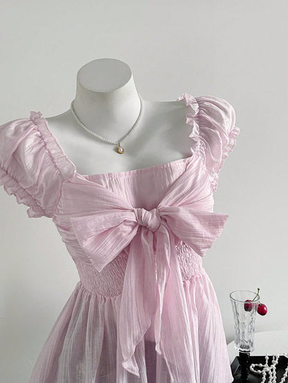 Sweetra Plus Size Women's Cute Blush Pink Summer Bow Knot Mesh Chiffon Short Sleeve Blouse,Formal Tea Party Birthday Shirts Clothing