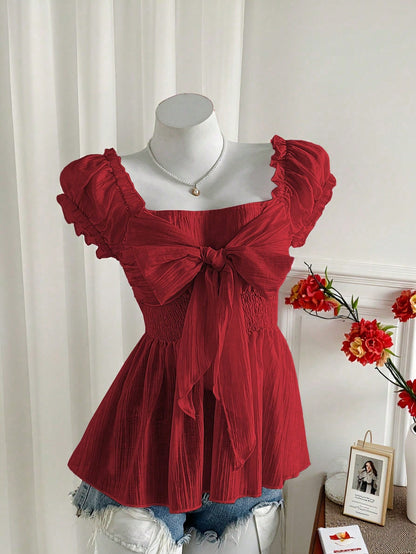 Sweetra Plus Size Women's Cute Blush Pink Summer Bow Knot Mesh Chiffon Short Sleeve Blouse,Formal Tea Party Birthday Shirts Clothing