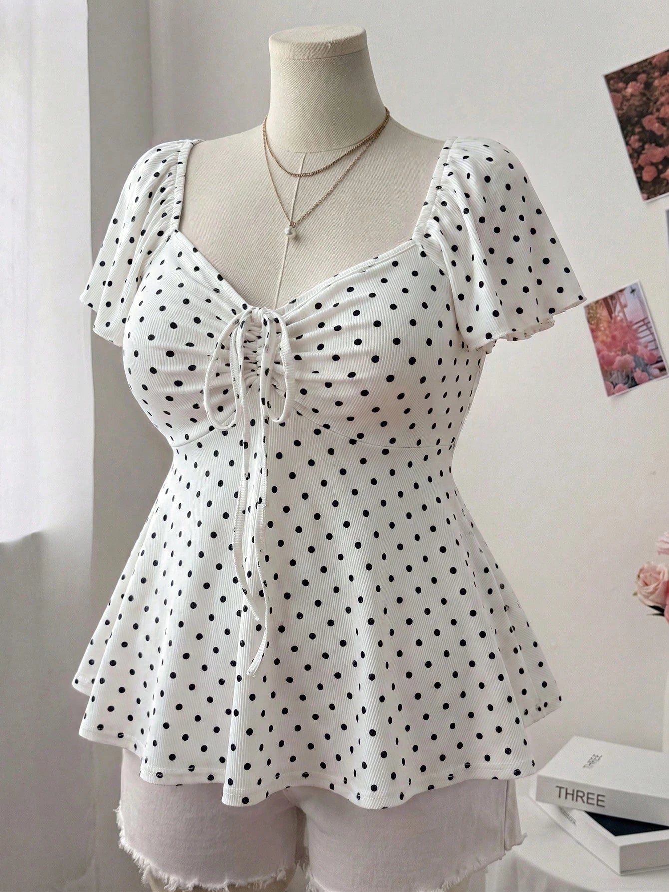 Sweetra Plus Size Women's Spring/Summer Square Neck Sweetheart Neck Drawstring Cap Sleeve Ruffle Sleeve Flutter Sleeve Small Ditsy Floral Casual Cute Elegant Vacation A-Line Elegant T-Shirt