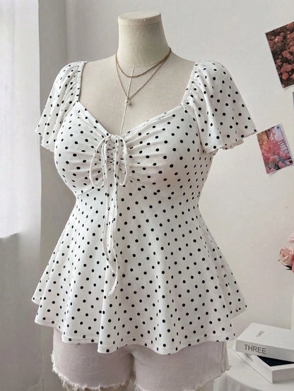Sweetra Plus Size Women's Spring/Summer Square Neck Sweetheart Neck Drawstring Cap Sleeve Ruffle Sleeve Flutter Sleeve Small Ditsy Floral Casual Cute Elegant Vacation A-Line Elegant T-Shirt