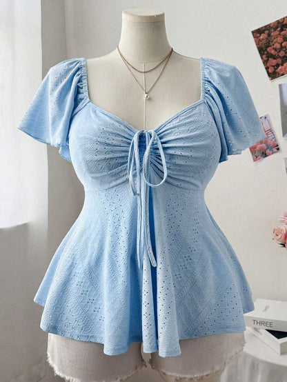 Sweetra Plus Size Women's Spring/Summer Square Neck Sweetheart Neck Drawstring Cap Sleeve Ruffle Sleeve Flutter Sleeve Small Ditsy Floral Casual Cute Elegant Vacation A-Line Elegant T-Shirt